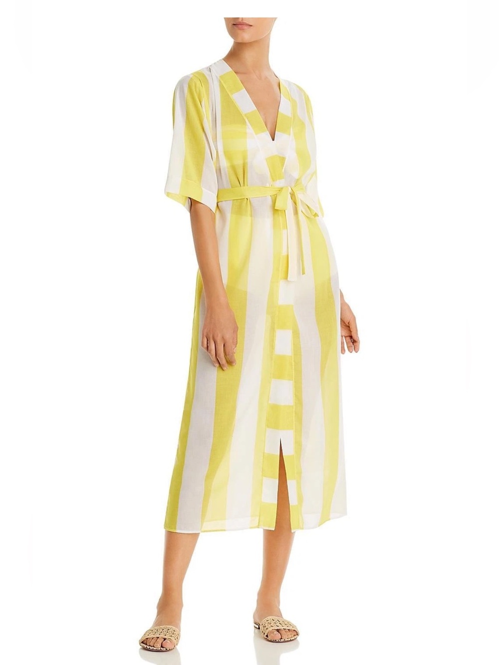 Verdelimon Women Striped Caftan Cover-Up, One Size Yellow White Midi Wrap Dress